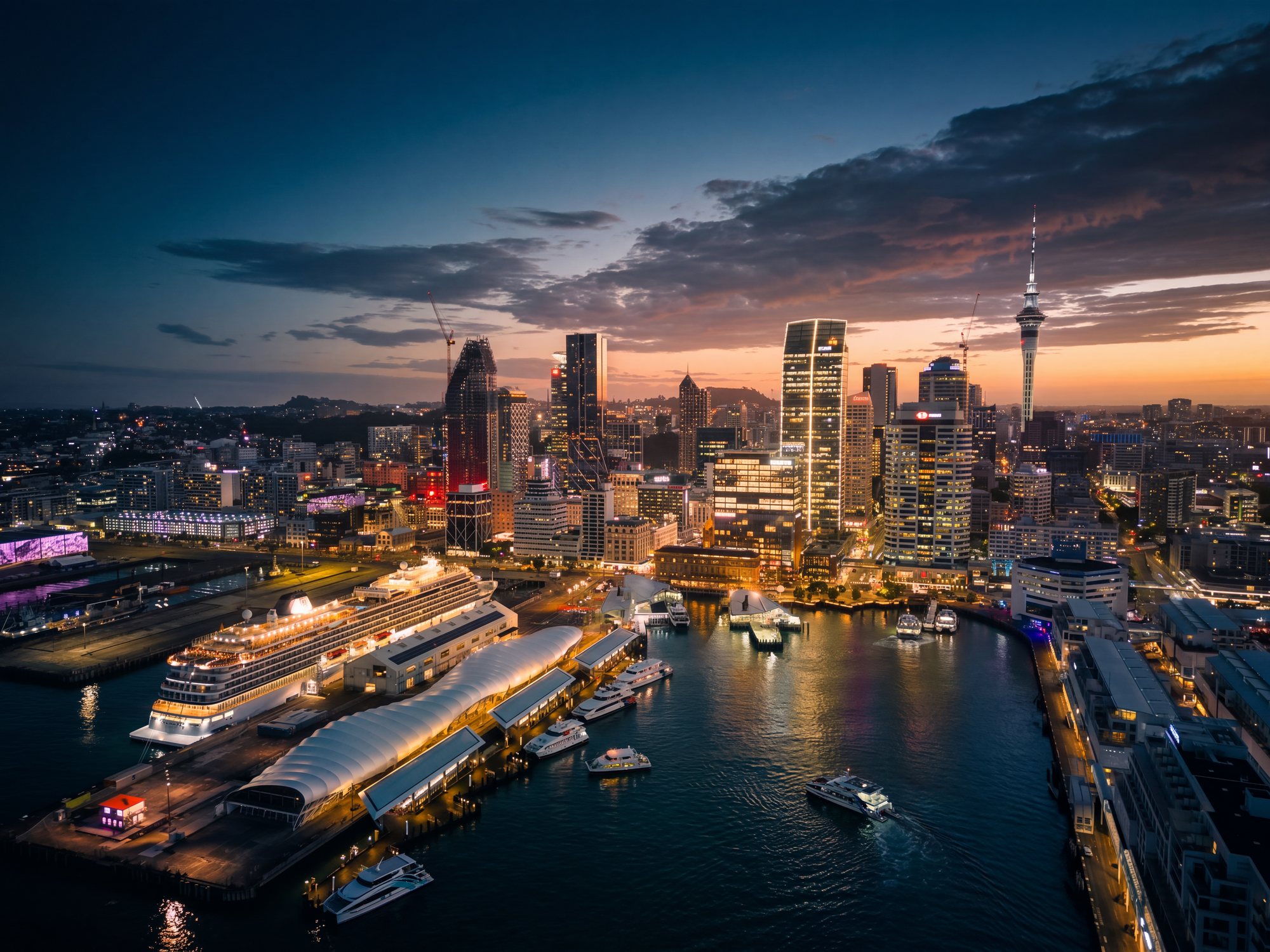 Aerial view of central Auckland and the Waitematā Harbour at dusk