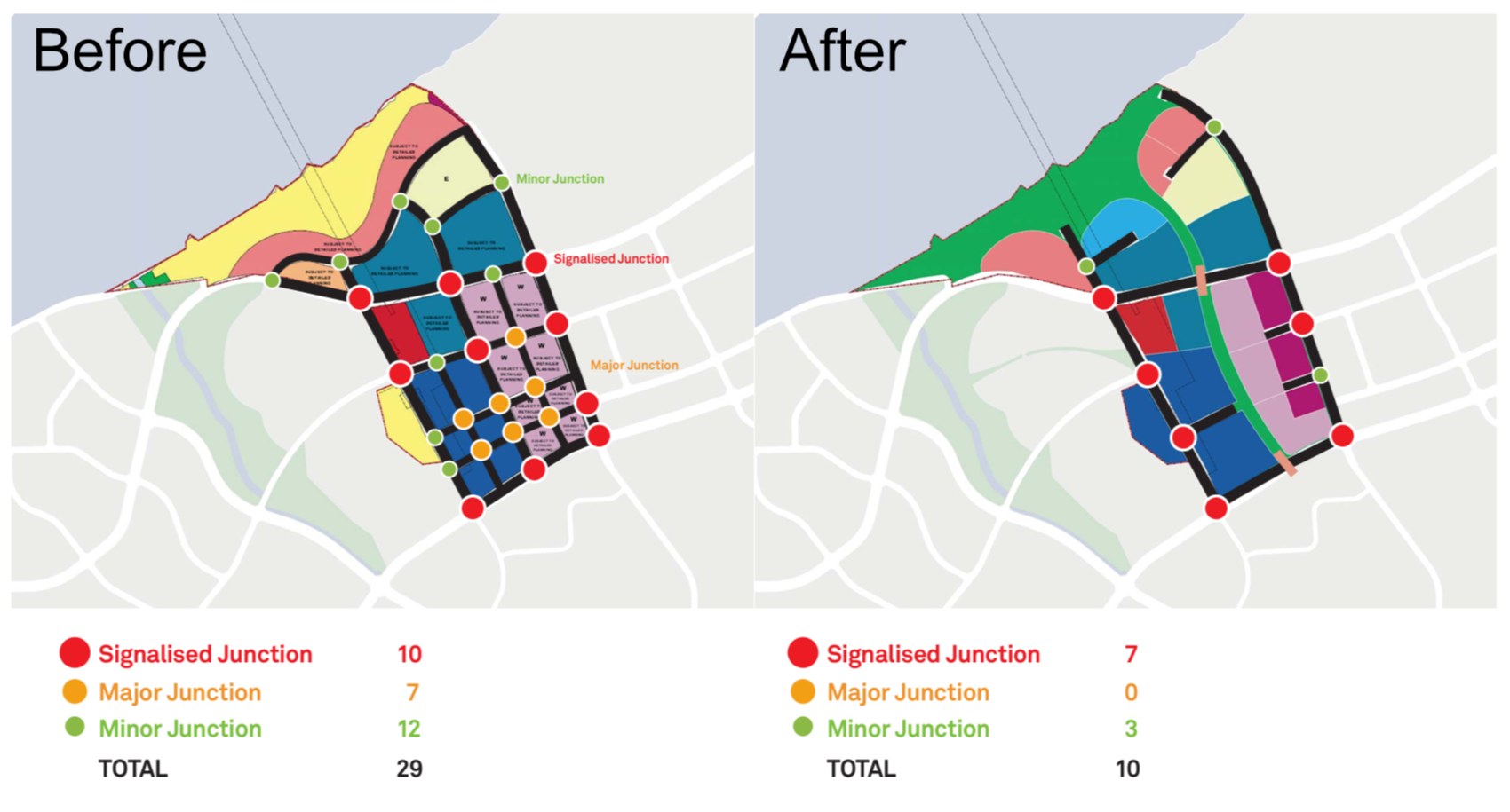 Before and after diagrams: road junctions reduced from 29 to 10