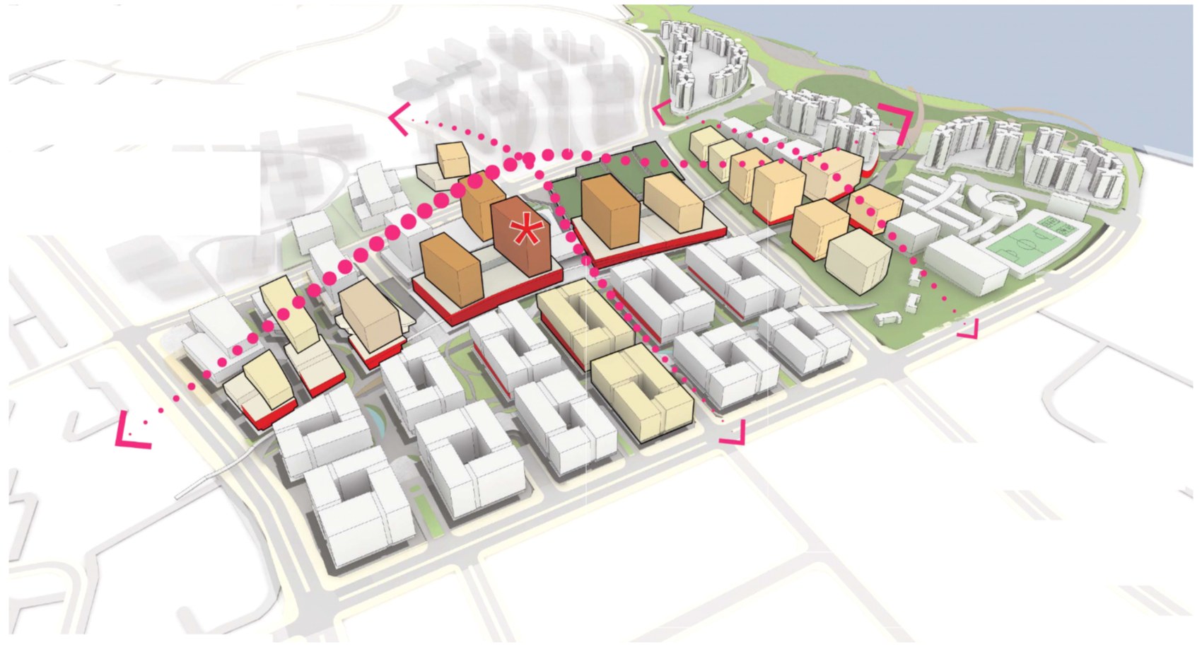 Woodlands North Coast masterplan, an aerial diagram of new development blocks along a transit spine